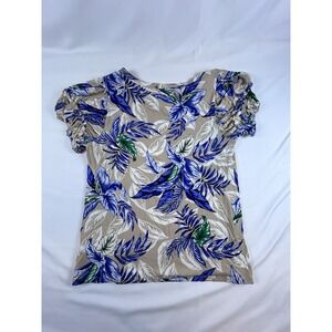 Cupio Juliana Tan Blue Hawaiian Floral Ruffle Short Sleeve Shirt M Vacay Resort